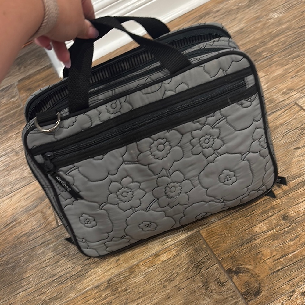 Thirty One Gray and Black Travel Bag with Embossed Floral Design